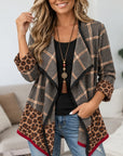 Plaid Leopard Patchwork Open-Front Cardigan