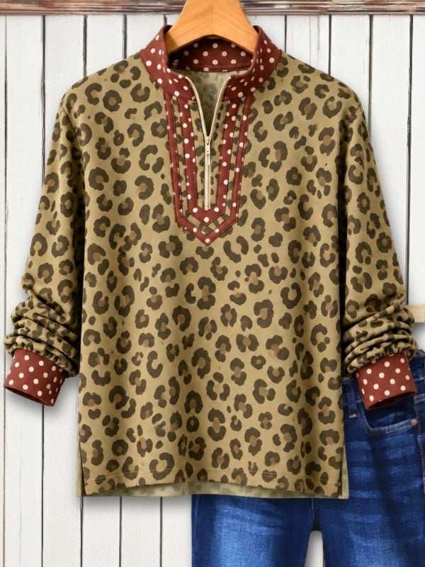 Leopard Print Polka Dot Zip-Neck Tunic