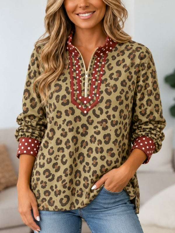 Leopard Print Polka Dot Zip-Neck Tunic