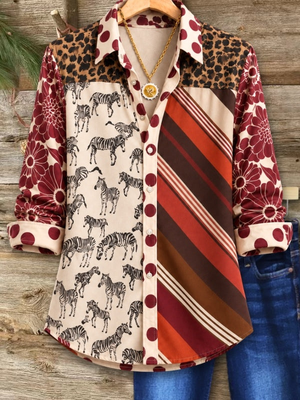 Mixed Print Patchwork Button-Up Shirt