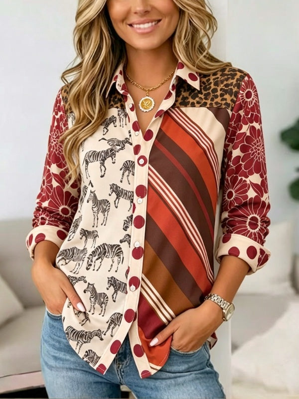 Mixed Print Patchwork Button-Up Shirt
