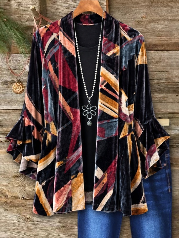 Abstract Print Velvet Ruffle Sleeve Cardigan