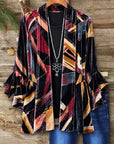 Abstract Print Velvet Ruffle Sleeve Cardigan