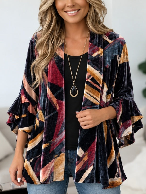 Abstract Print Velvet Ruffle Sleeve Cardigan