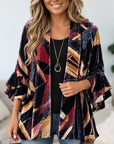 Abstract Print Velvet Ruffle Sleeve Cardigan