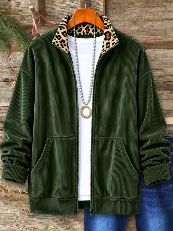 Leopard Collar Corduroy Zip Front Jacket