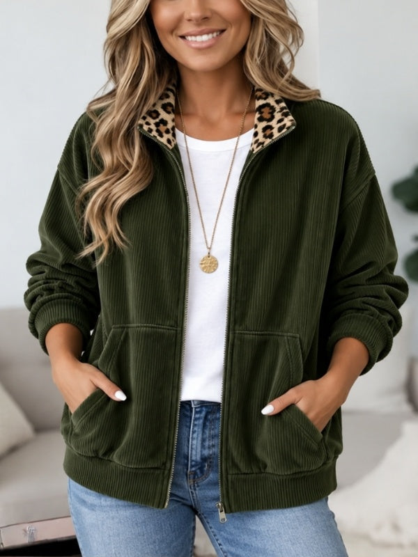 Leopard Collar Corduroy Zip Front Jacket