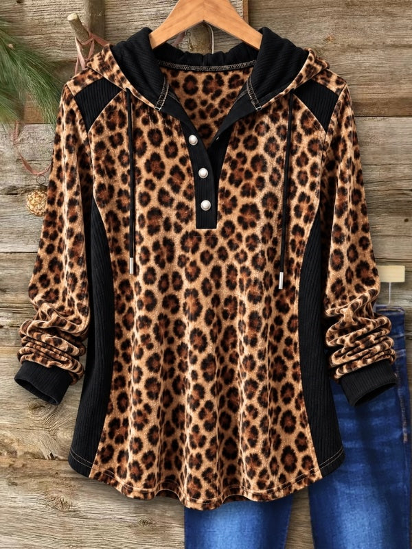 Leopard Velvet Patchwork Hooded Tunic Top