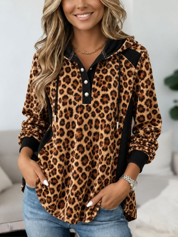 Leopard Velvet Patchwork Hooded Tunic Top