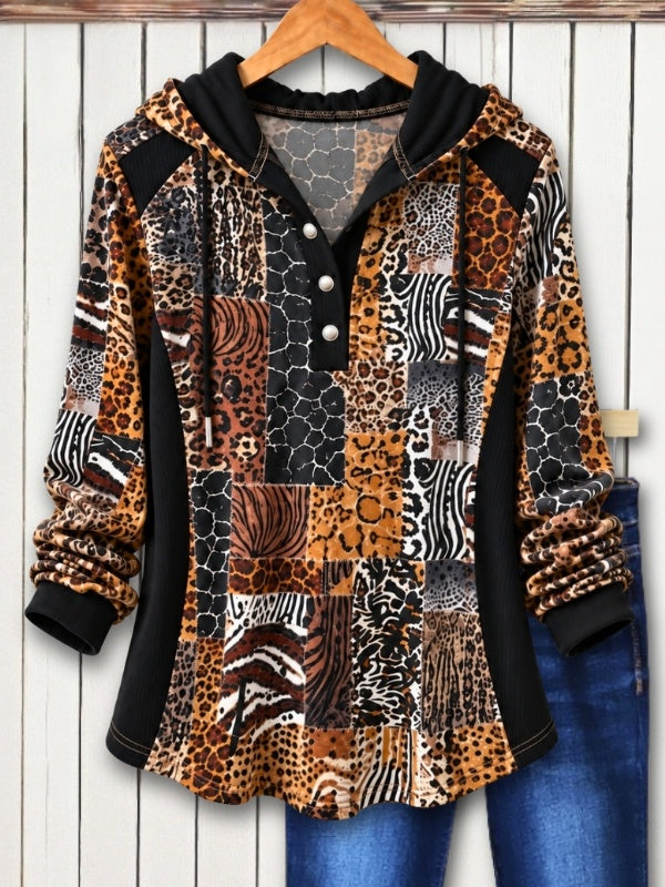 Animal Print Patchwork Hooded Tunic Top