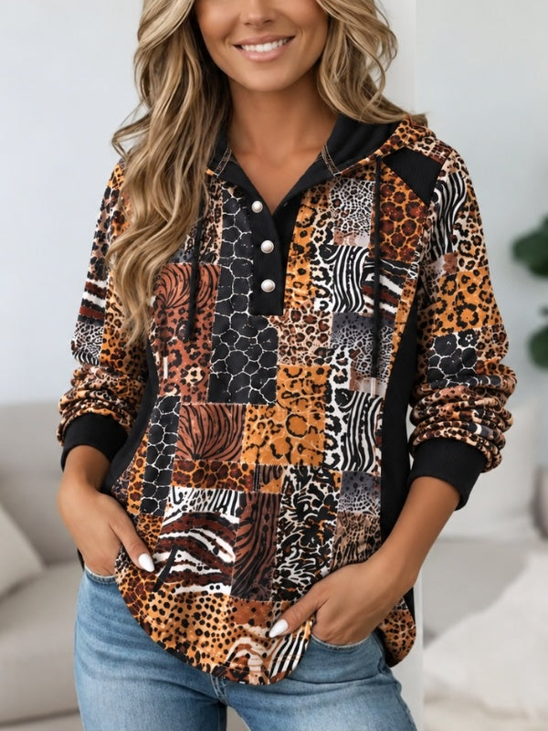 Animal Print Patchwork Hooded Tunic Top