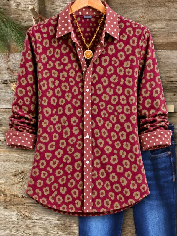 Leopard Print Contrast Polka Dot Button Down Shirt