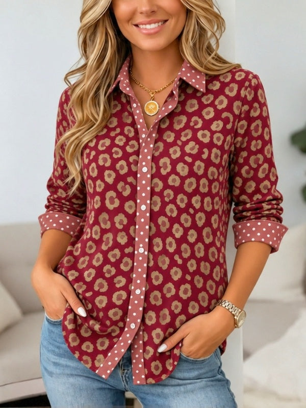Leopard Print Contrast Polka Dot Button Down Shirt