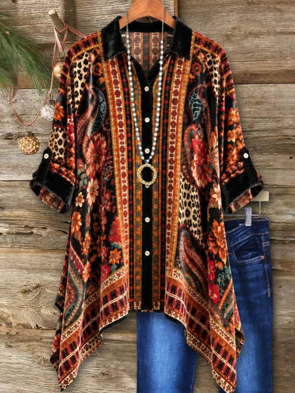 Paisley Floral Print Velvet Tunic Shirt