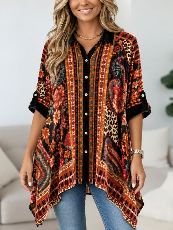 Paisley Floral Print Velvet Tunic Shirt