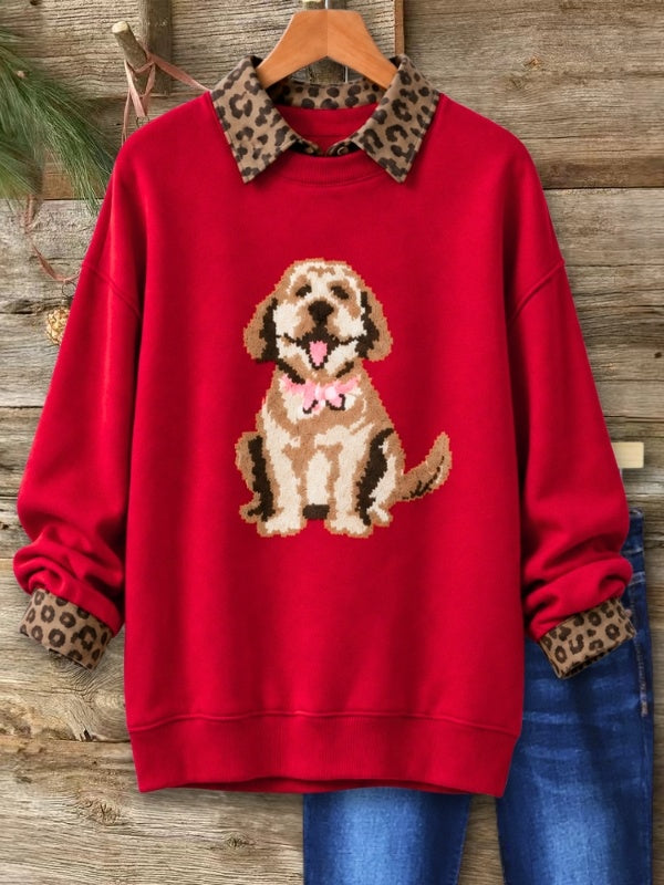 Dog Print Leopard Collar Layered Sweatshirt