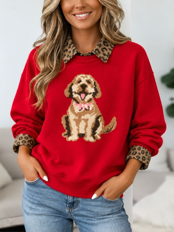 Dog Print Leopard Collar Layered Sweatshirt