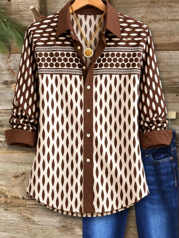 Geometric Print Patchwork Roll Sleeve Shirt