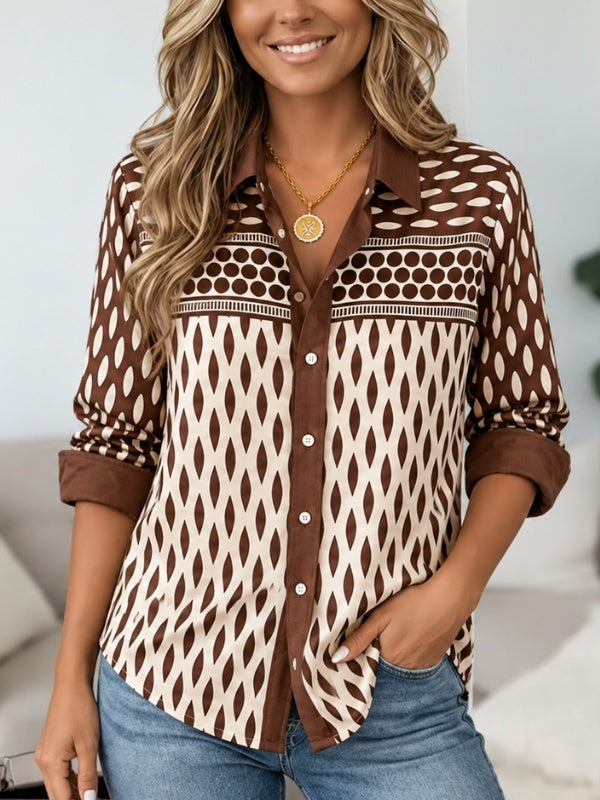Geometric Print Patchwork Roll Sleeve Shirt