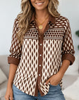Geometric Print Patchwork Roll Sleeve Shirt