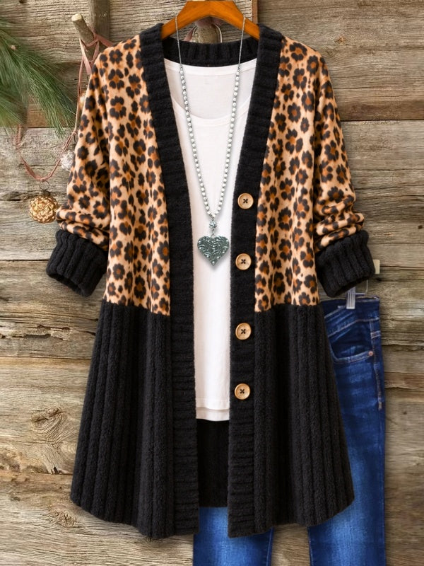 Leopard Patchwork Coral Fleece Long Cardigan