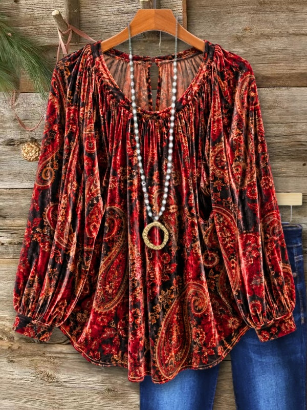 Paisley Print Velvet Balloon Sleeve Blouse