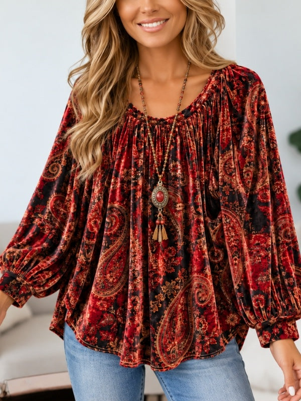 Paisley Print Velvet Balloon Sleeve Blouse