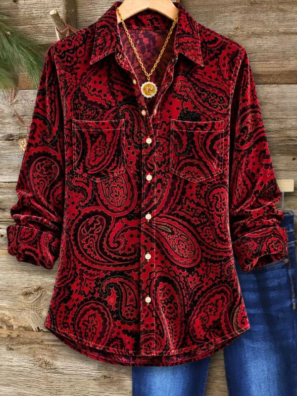 Paisley Print Velvet Button-Up Shirt
