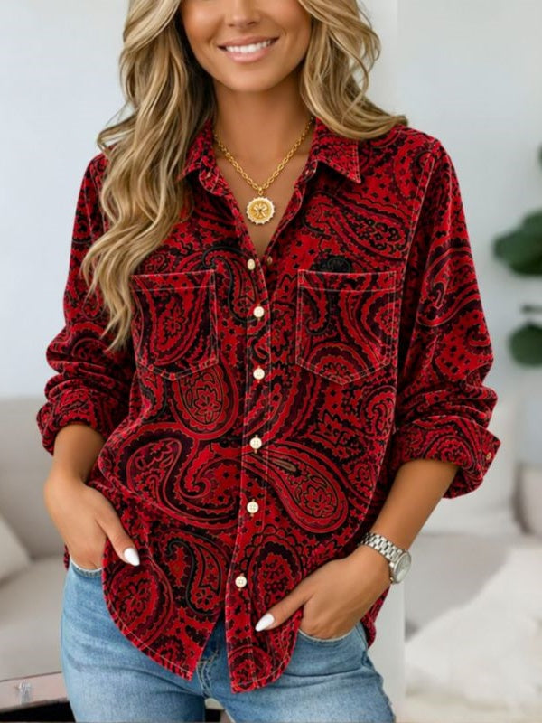 Paisley Print Velvet Button-Up Shirt