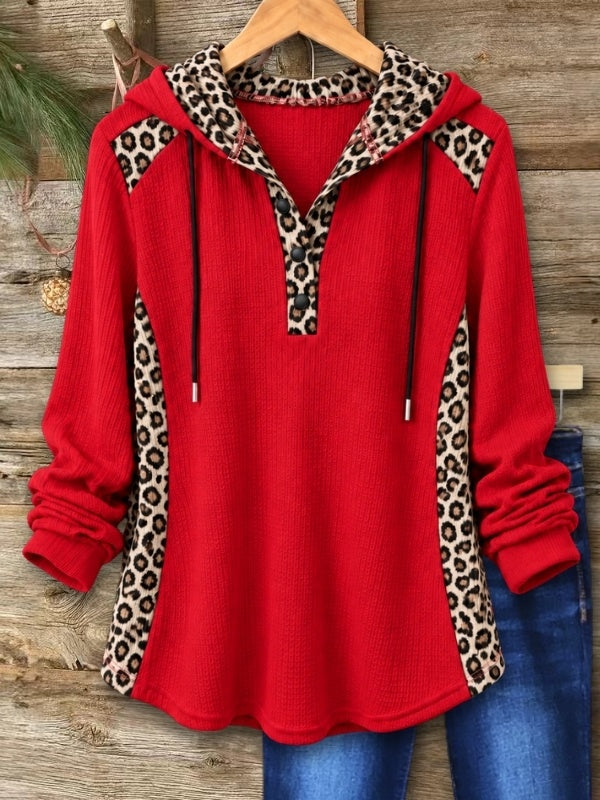 Leopard Patchwork Hooded Henley Top