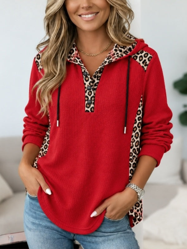 Leopard Patchwork Hooded Henley Top