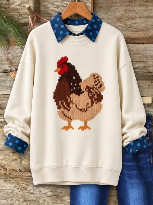 Chicken Graphic Layered Collar Fleece Sweatshirt