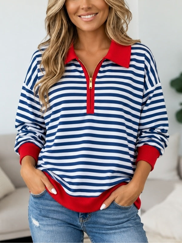 Striped Quarter Zip Collared Top