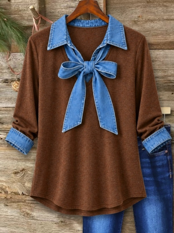 Denim Bow Collar Tunic Top