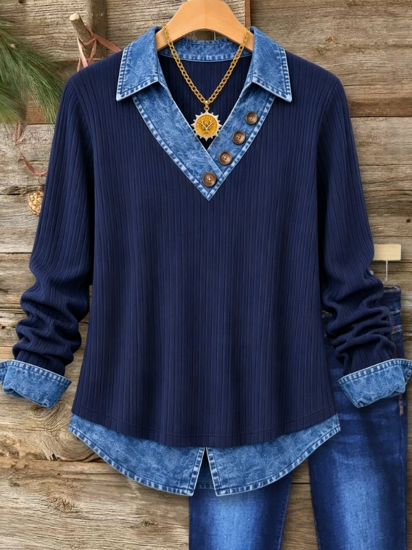 Denim Collar V Neck Patchwork Top