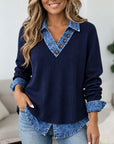 Denim Collar V Neck Patchwork Top