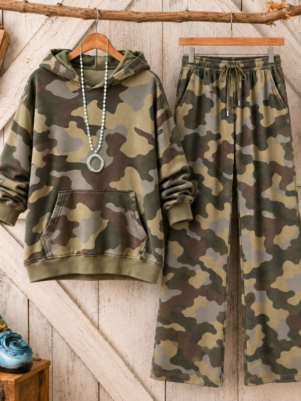 Camo Print Fleece Hoodie Pants Set