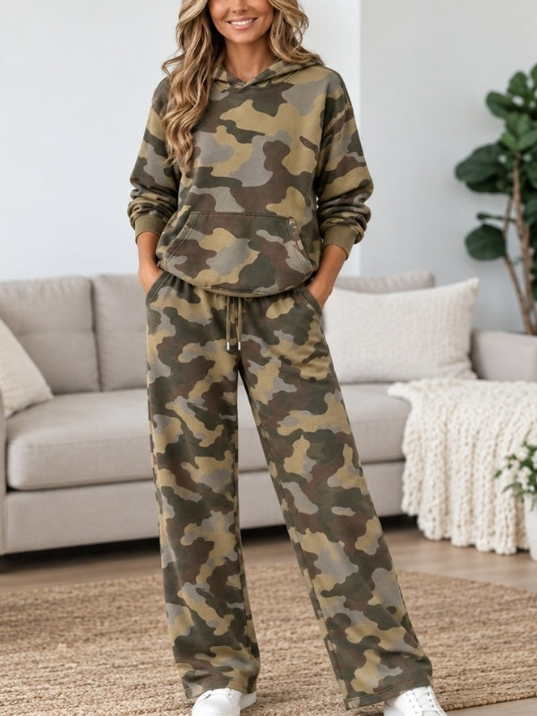 Camo Print Fleece Hoodie Pants Set