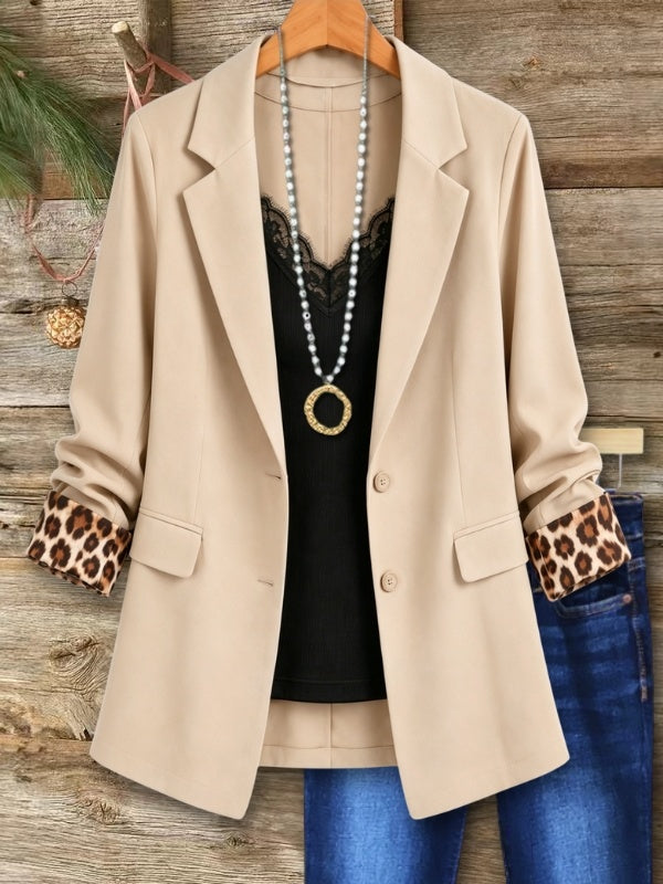 Leopard Cuff Notch Collar Blazer