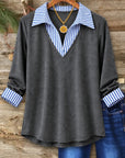 Striped Collar V-Neck Long Sleeve Top