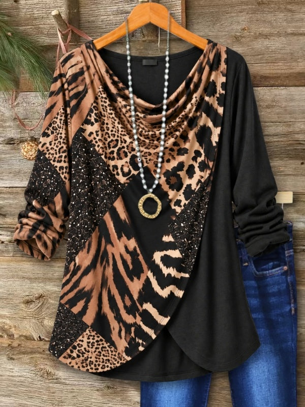 Animal Print Patchwork Cowl Neck Tunic