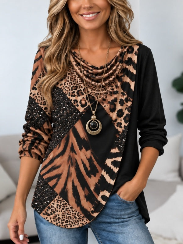 Animal Print Patchwork Cowl Neck Tunic