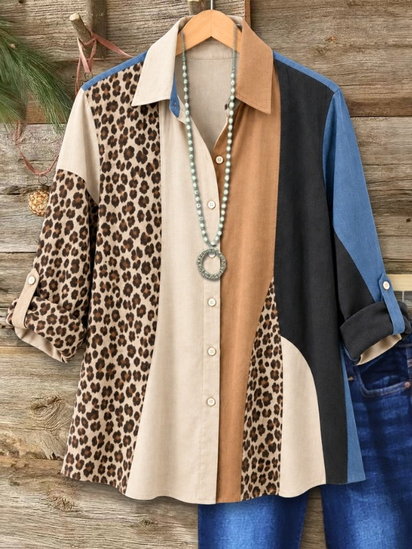 Leopard Patchwork Roll-Tab Sleeve Tunic Shirt