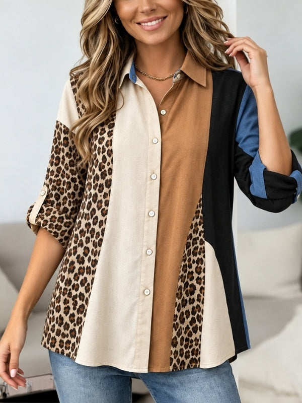Leopard Patchwork Roll-Tab Sleeve Tunic Shirt
