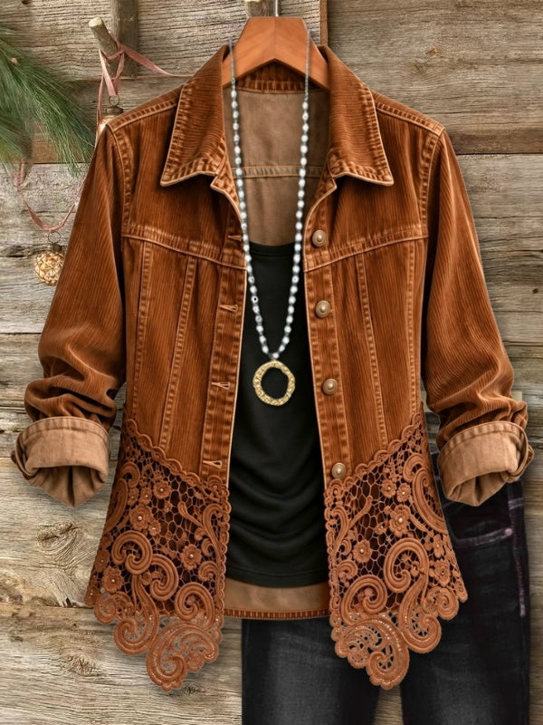 Corduroy Floral Embroidery Lace Hem Jacket