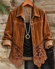 Corduroy Floral Embroidery Lace Hem Jacket