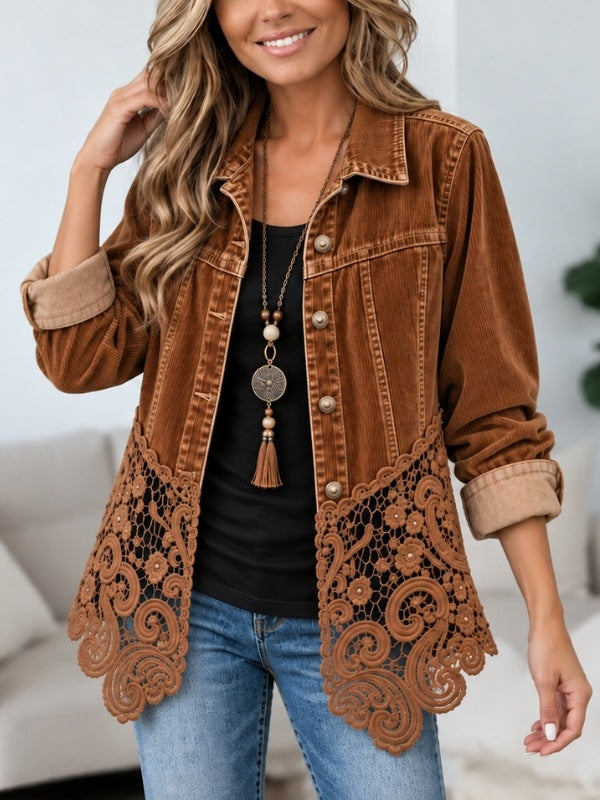 Corduroy Floral Embroidery Lace Hem Jacket