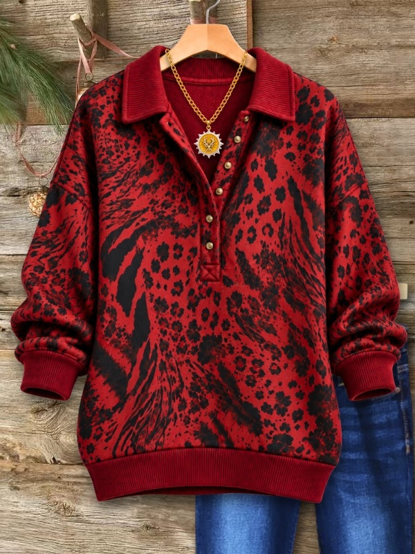Animal Print Collared Fleece Sweatshirt