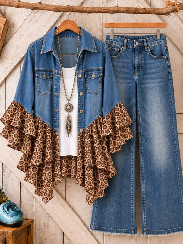 Leopard Print Denim Patchwork Ruffle Jacket
