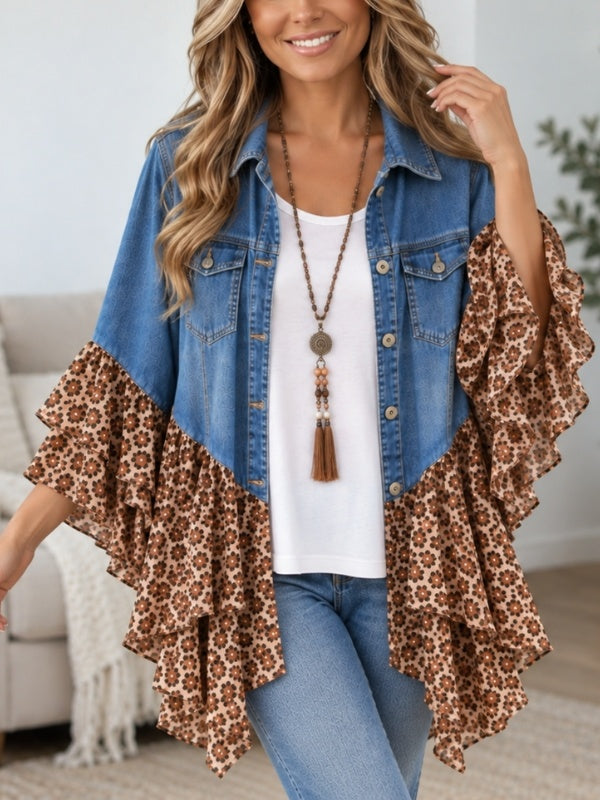 Leopard Print Denim Patchwork Ruffle Jacket